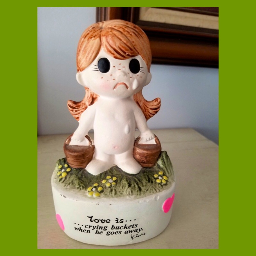 VTG 70s Artist Kim LOVE IS…Crying Buckets When He Goes Away Sad Girl Figure Bank